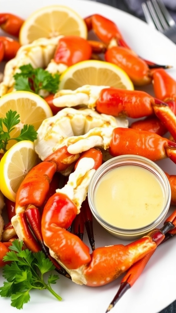 Delicious oven-baked king crab legs with garlic butter and lemon on a plate.